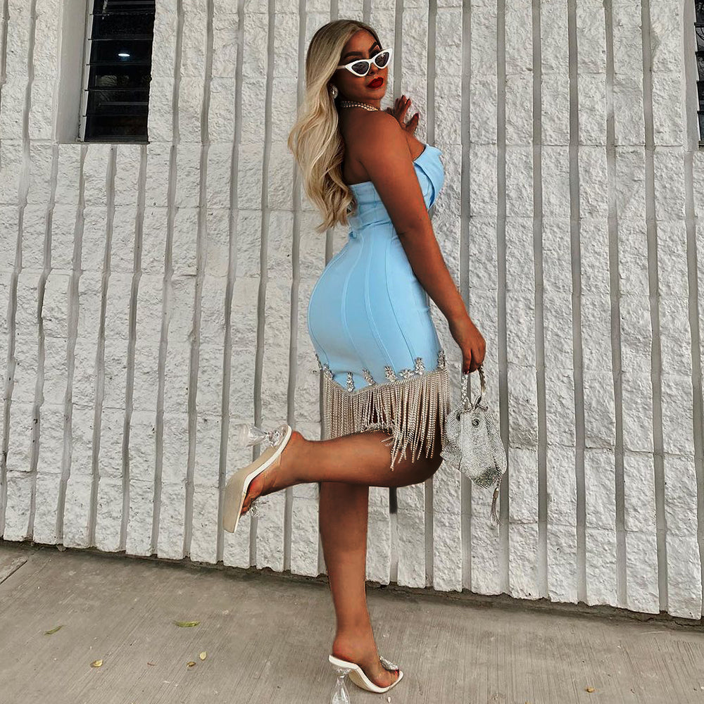 Madeline Off Shoulder Strapless Blue Tassel Fringe Rhinestones Mini Dress – A Show-Stopping Statement of Glamour