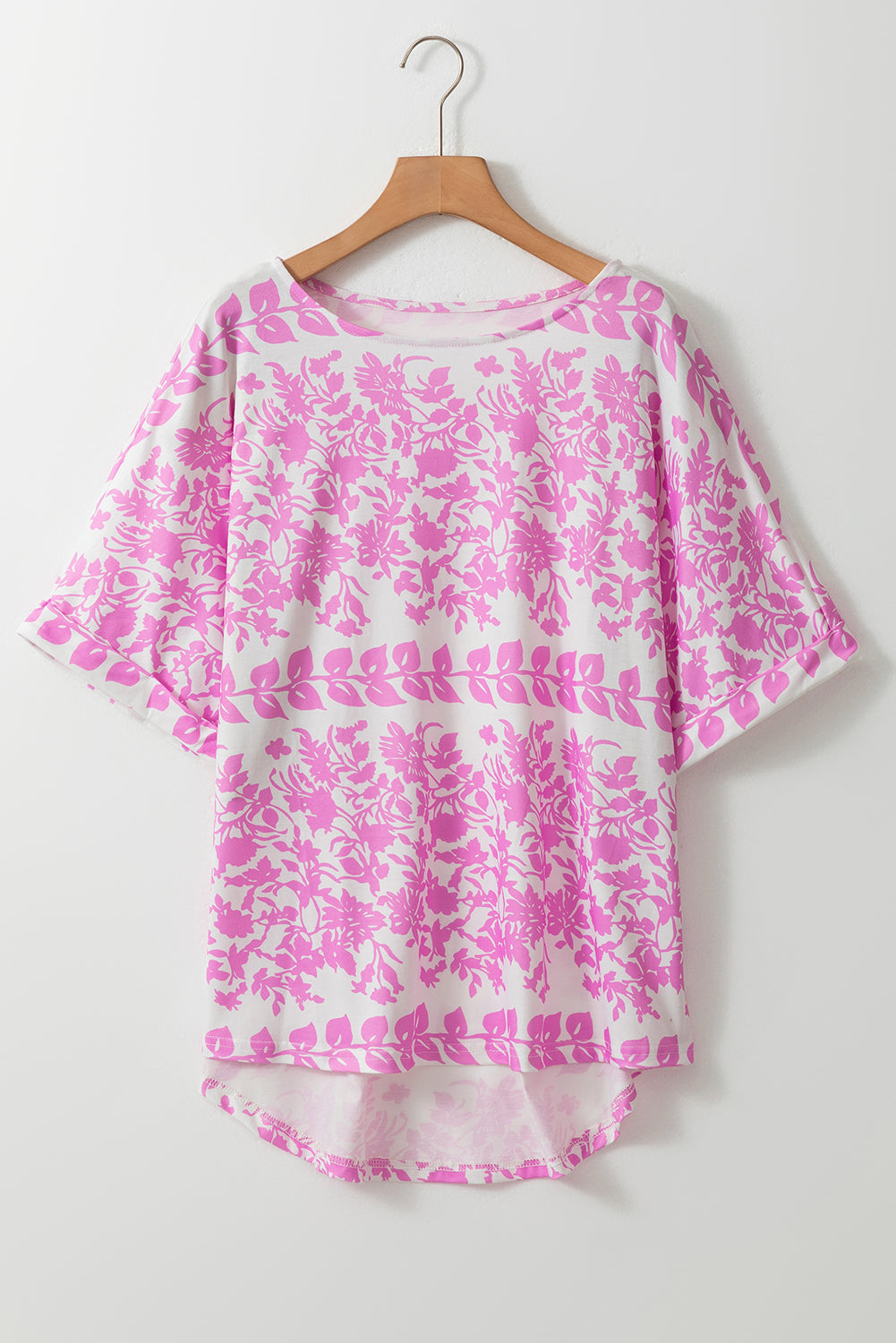 White Floral Print Rounded Hem Plus Size T Shirt