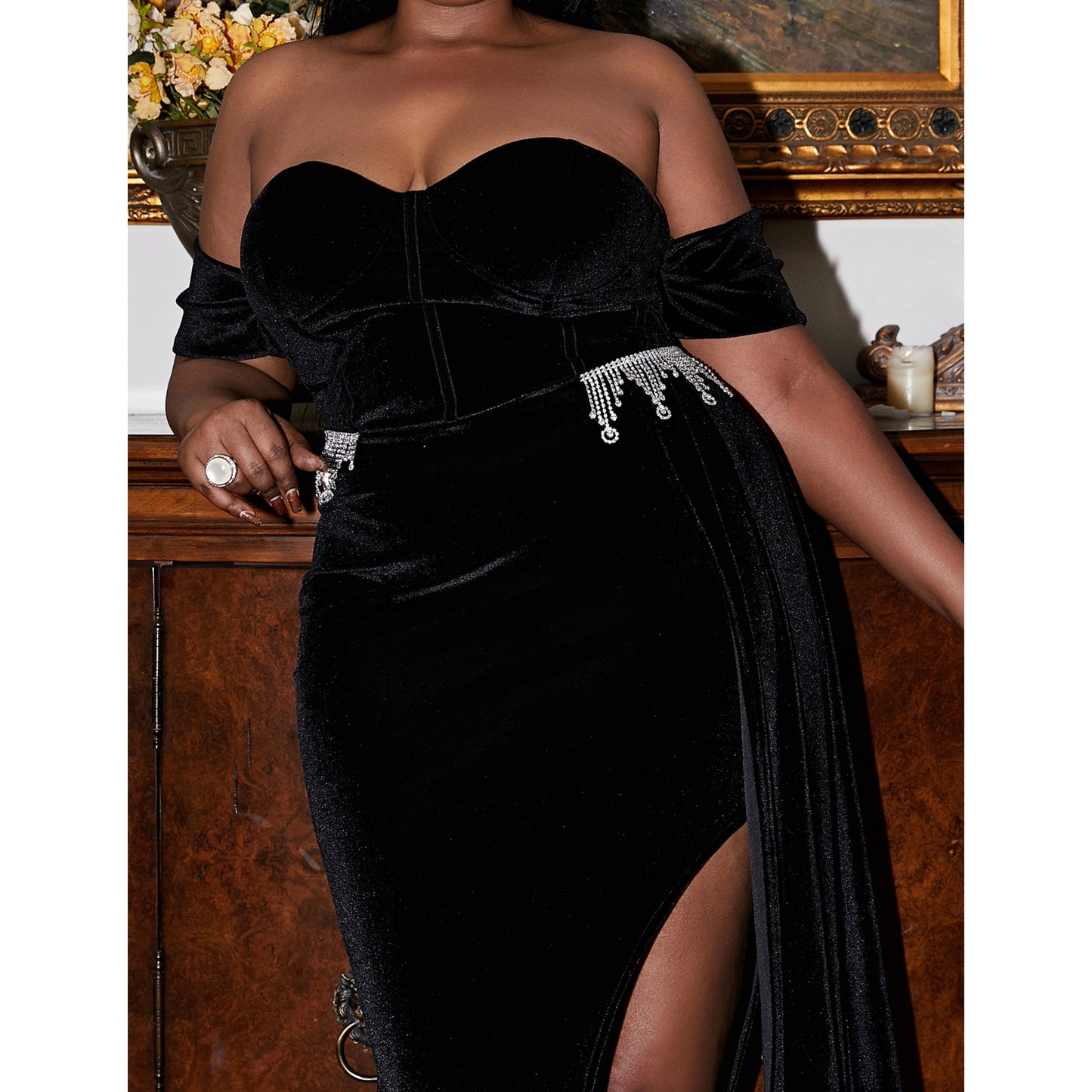 Off Shoulder Rhinestone Split Thigh Side Draped Velvet Formal Evening Plus Size Womens Dresses