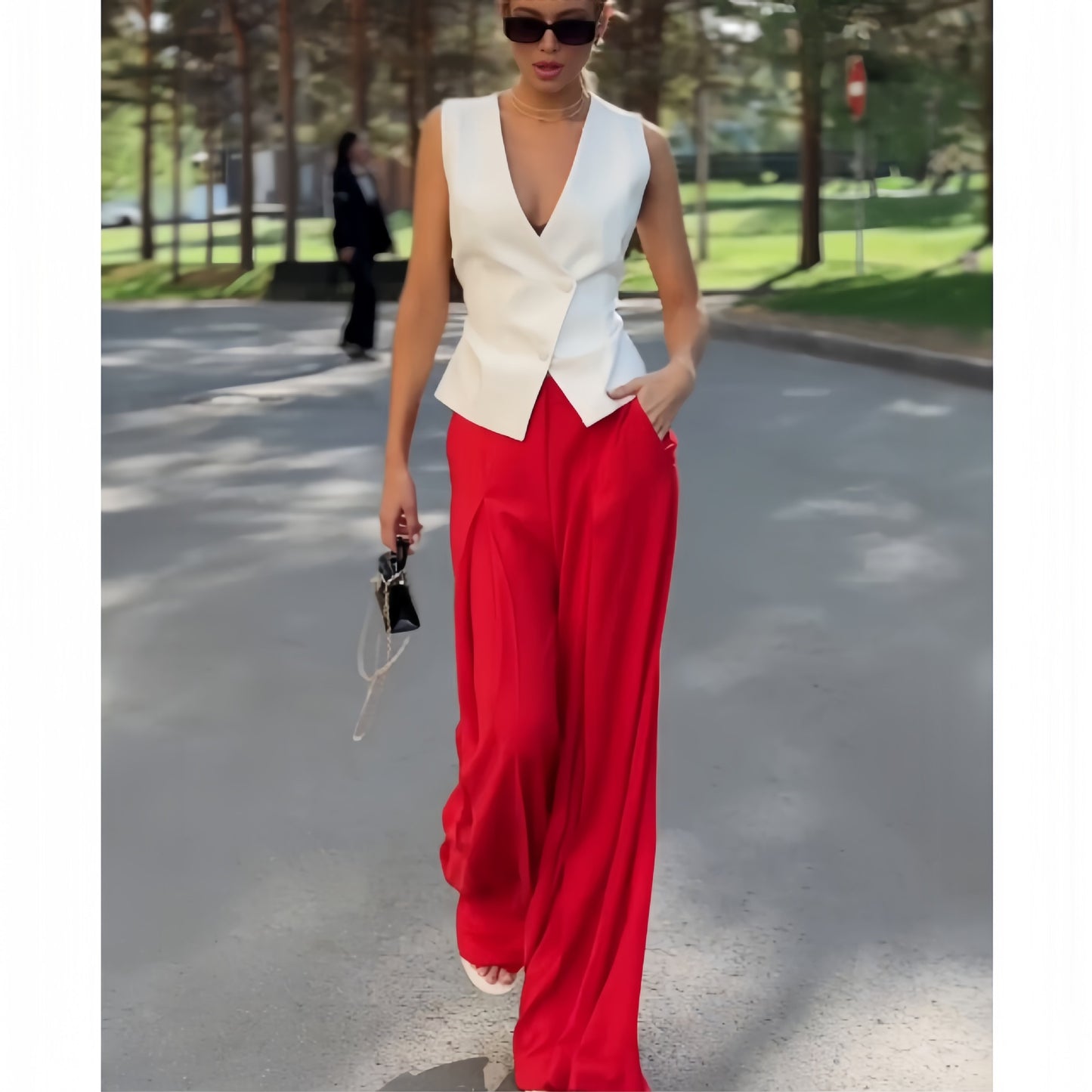 Two piece set woman wide leg pants with vest