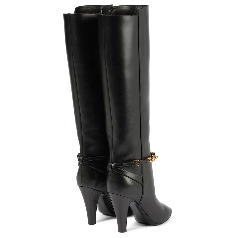 Black Pointed Toe Metal Chain Slip On Winter Large Size High Knee Boots