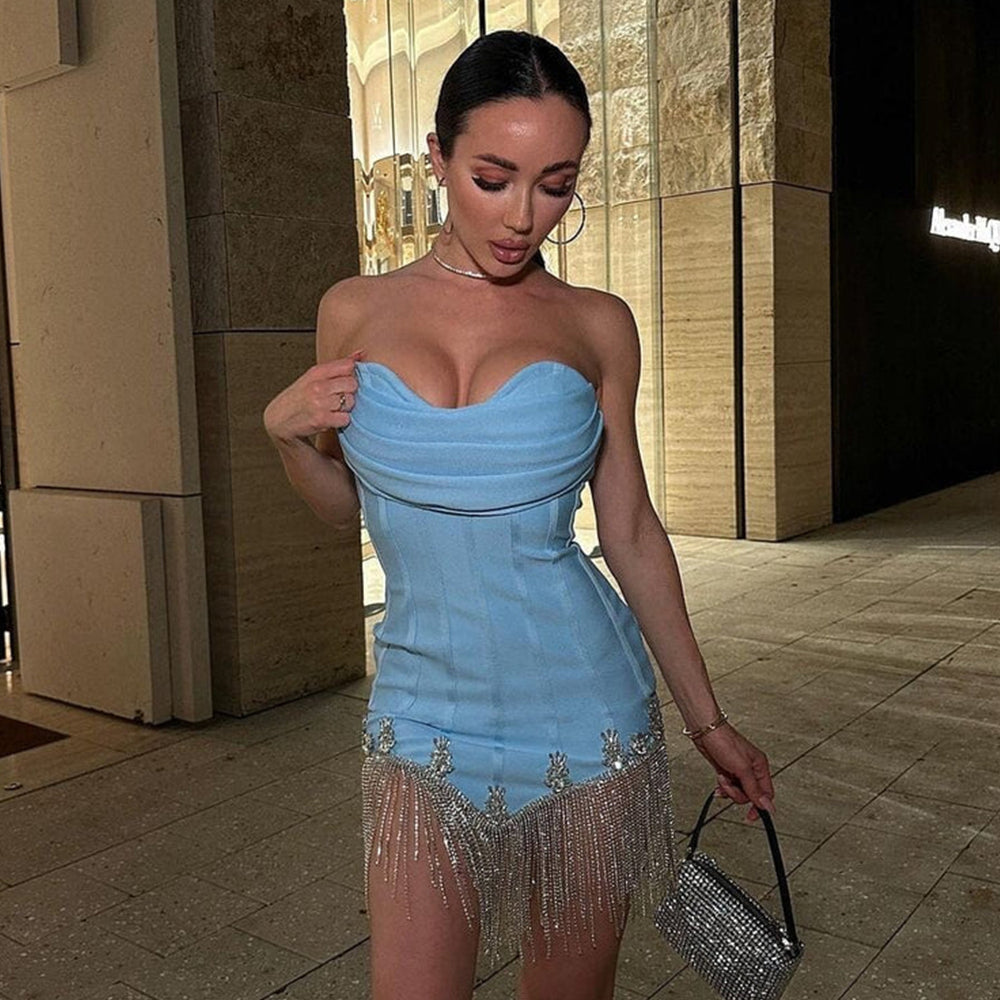 Madeline Off Shoulder Strapless Blue Tassel Fringe Rhinestones Mini Dress – A Show-Stopping Statement of Glamour