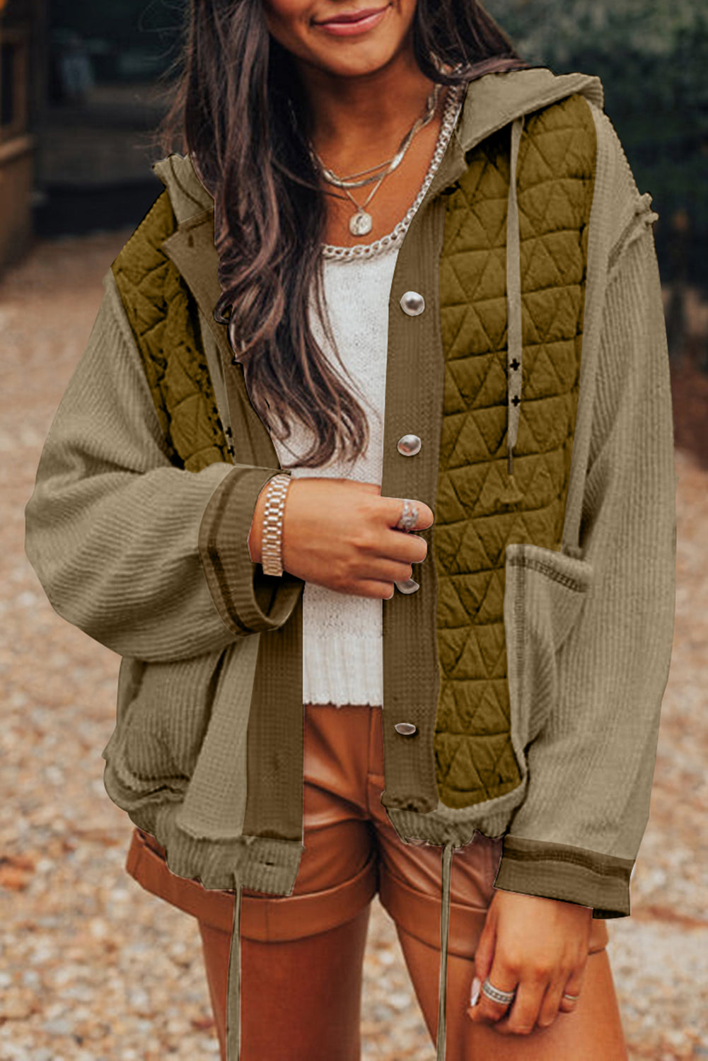 Coral Quilted Textured Patchwork Hooded Jacket