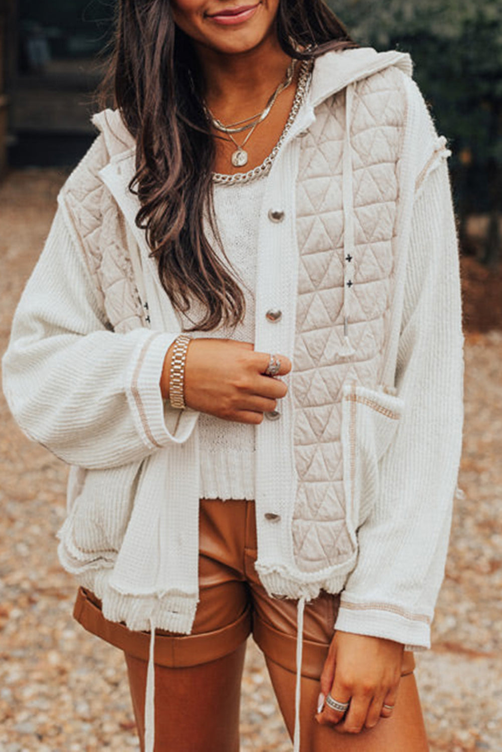 Coral Quilted Textured Patchwork Hooded Jacket