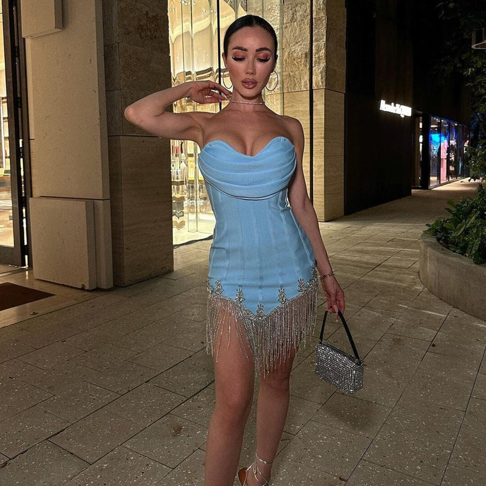 Madeline Off Shoulder Strapless Blue Tassel Fringe Rhinestones Mini Dress – A Show-Stopping Statement of Glamour