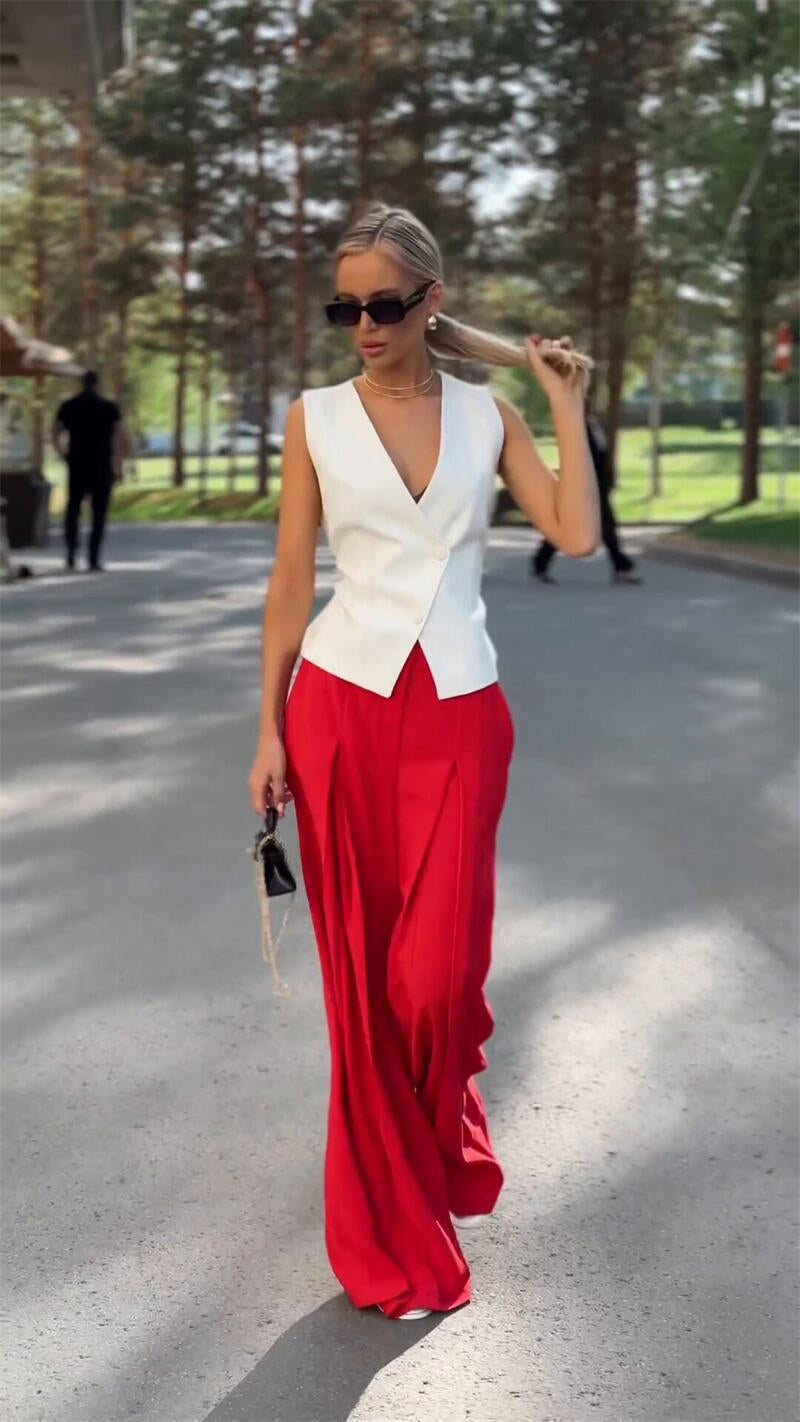 Two piece set woman wide leg pants with vest