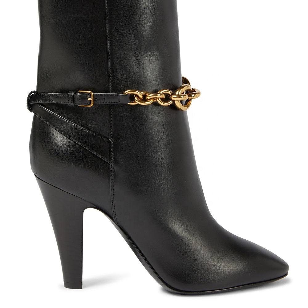 Black Pointed Toe Metal Chain Slip On Winter Large Size High Knee Boots