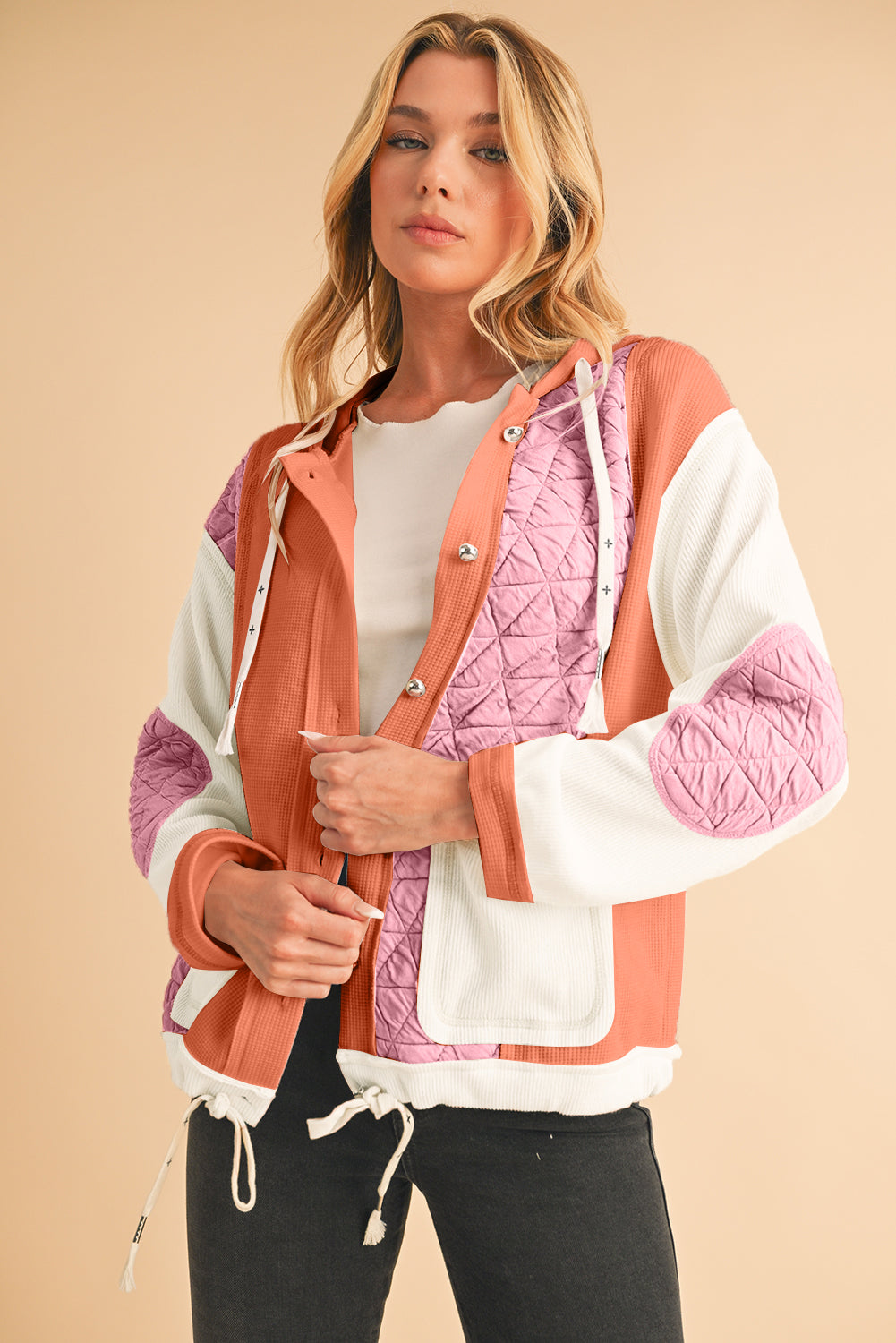 Coral Quilted Textured Patchwork Hooded Jacket