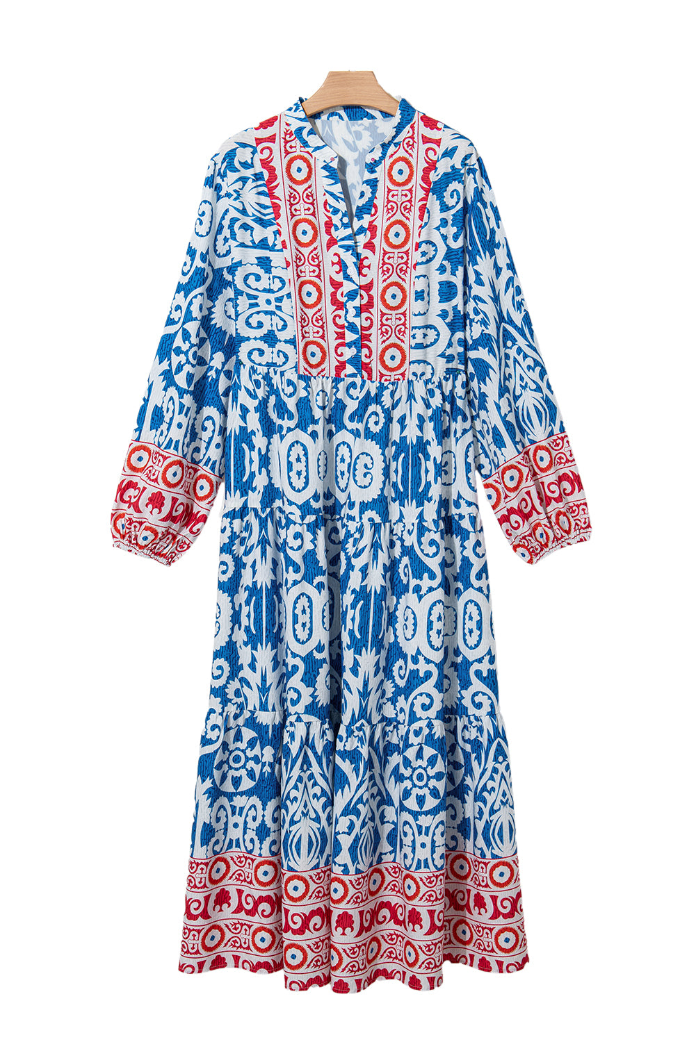 Sky Blue Ethnic Floral Print Notch Neck Plus Size Dress