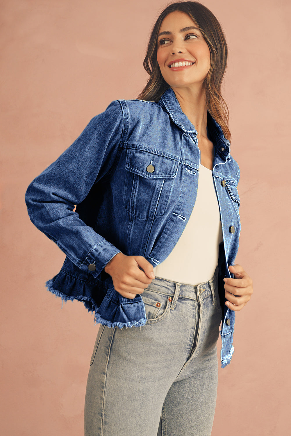 Beau Blue Ruffle Raw Hem Flap Pockets Denim Jacket