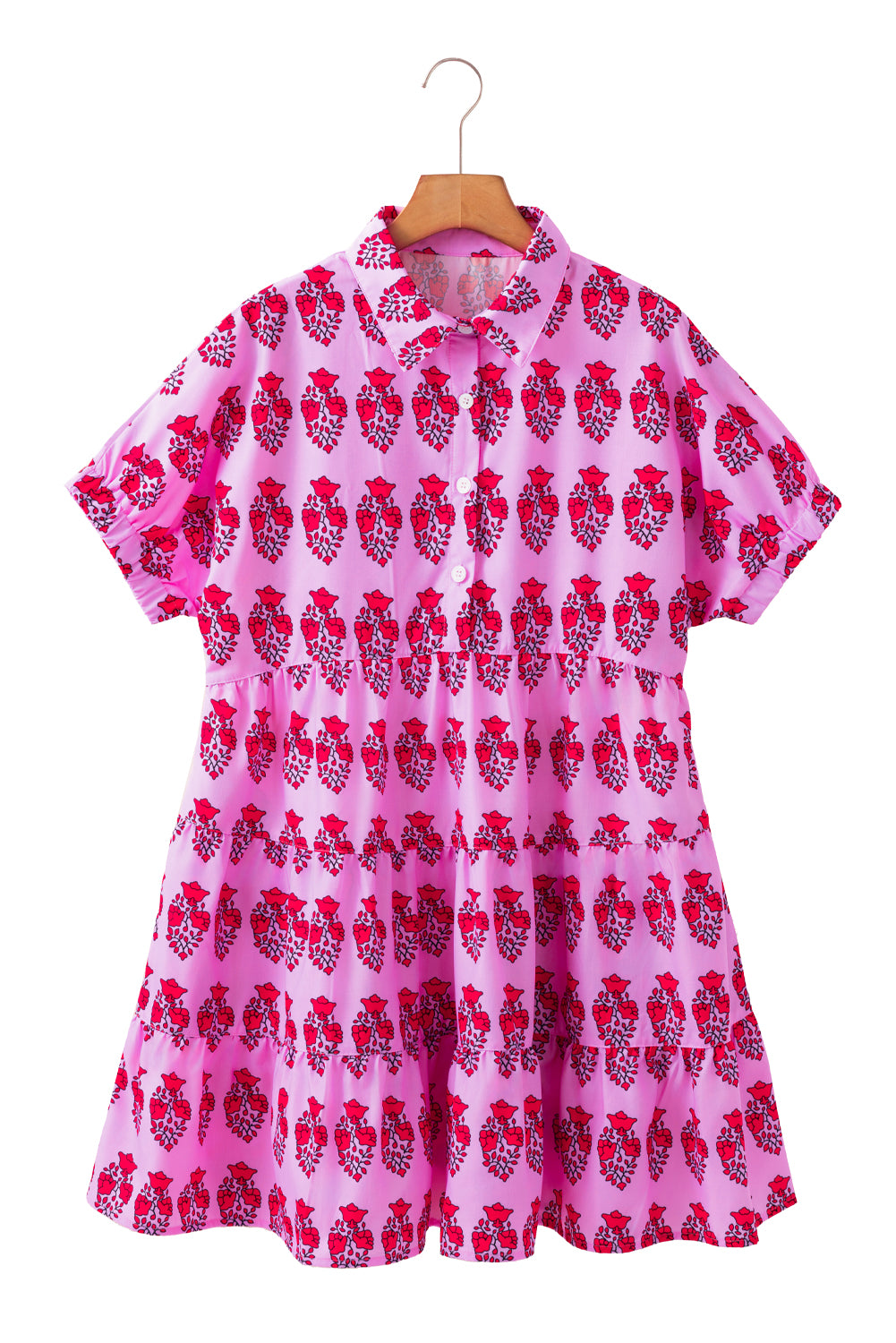 Sachet Pink Floral Print Short Sleeve Tiered  Boho Mini Dress