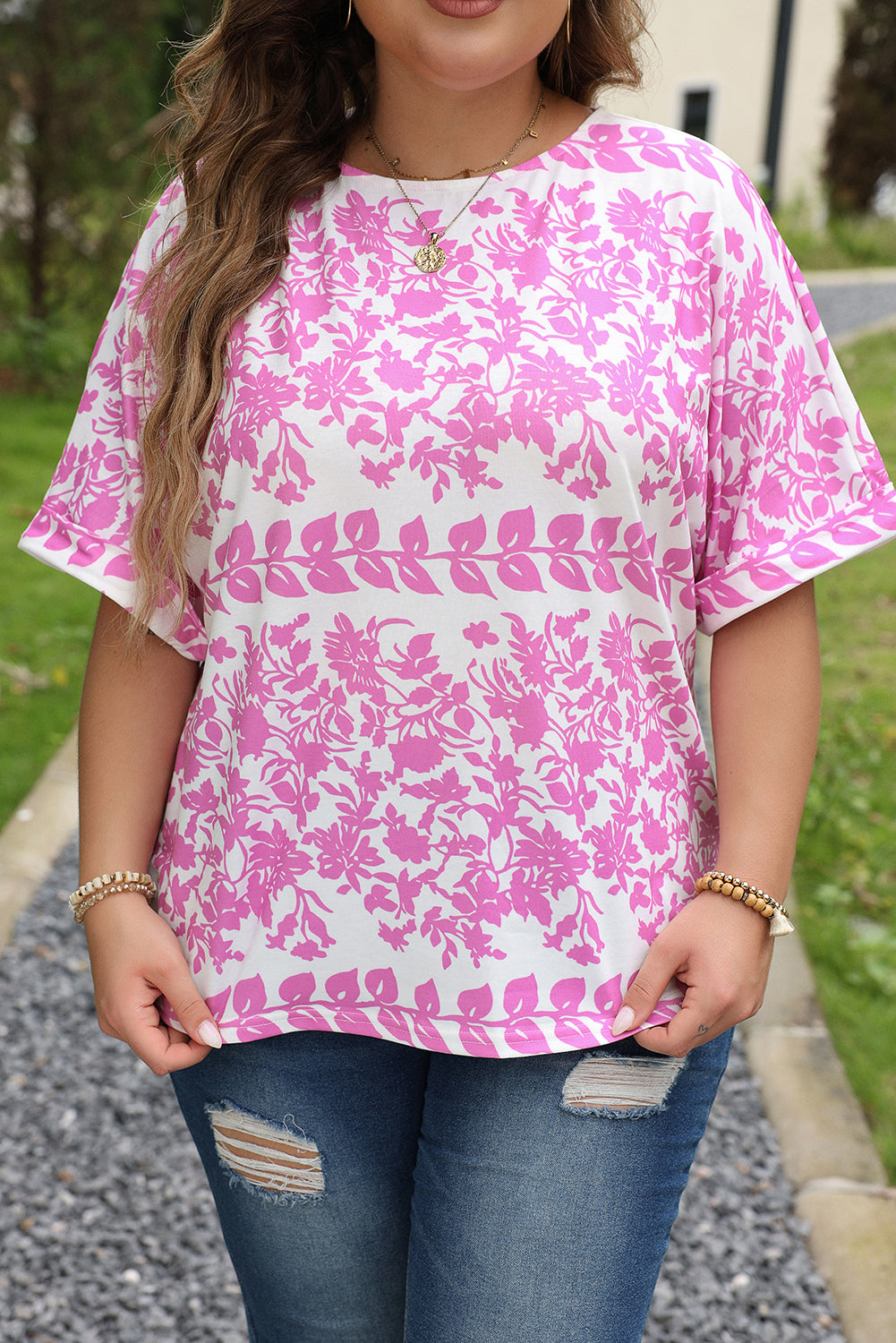 White Floral Print Rounded Hem Plus Size T Shirt