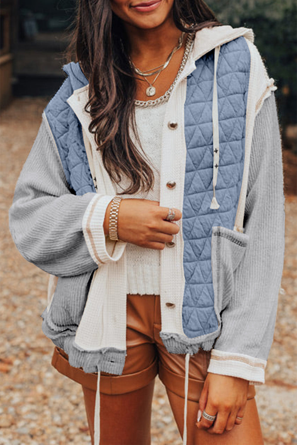 Coral Quilted Textured Patchwork Hooded Jacket