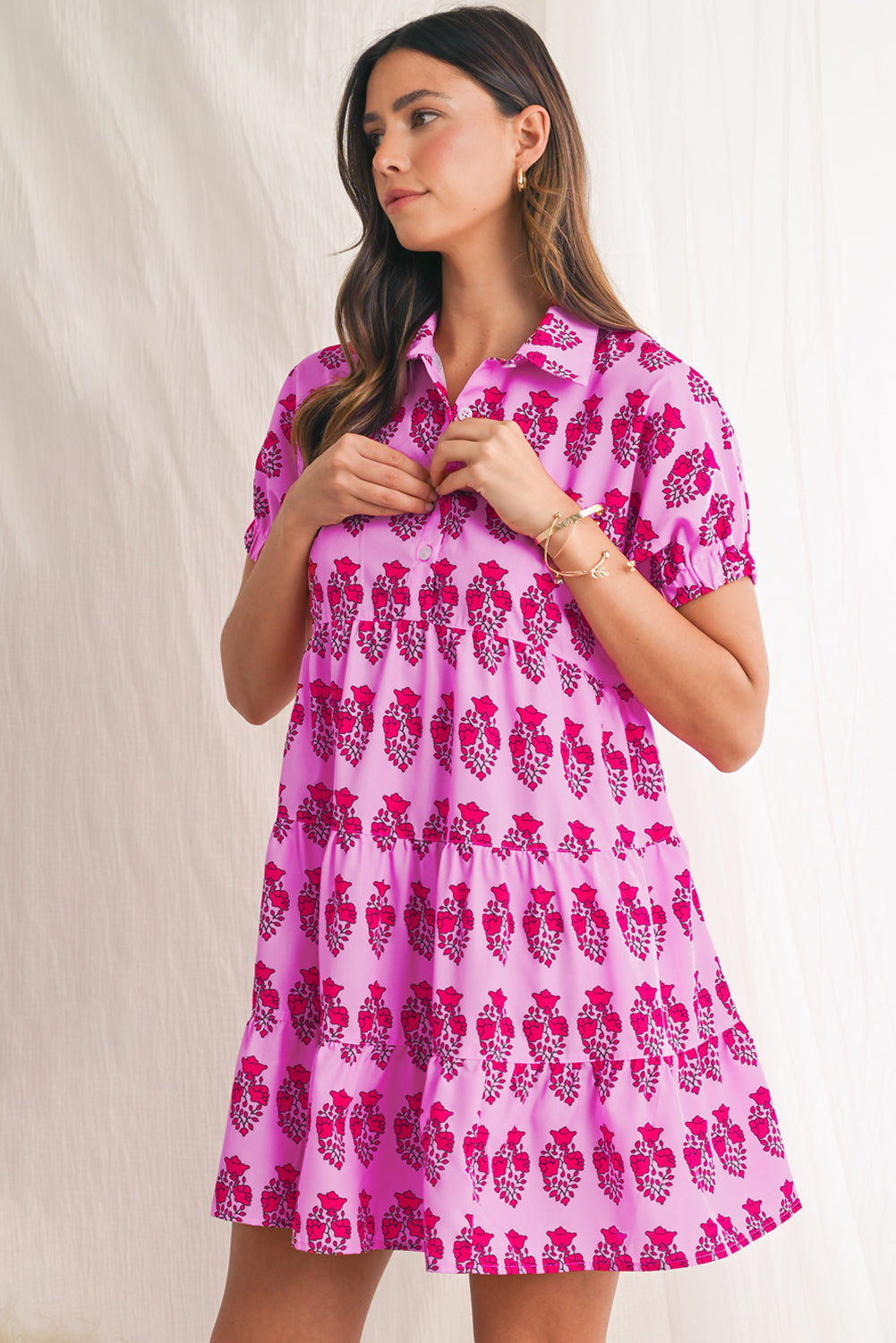 Sachet Pink Floral Print Short Sleeve Tiered  Boho Mini Dress