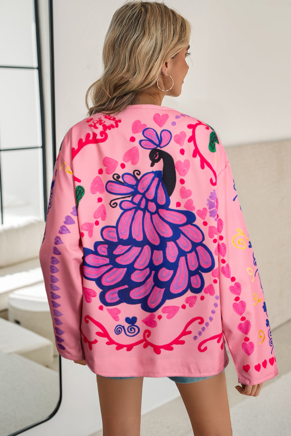 Pink Ethnic Floral Side Pockets Coat