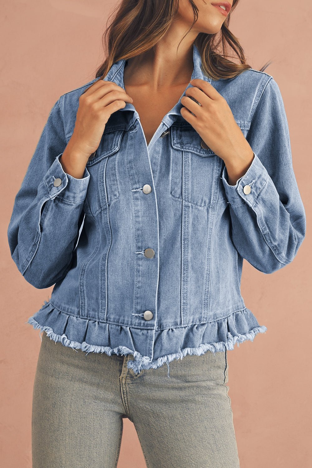 Beau Blue Ruffle Raw Hem Flap Pockets Denim Jacket