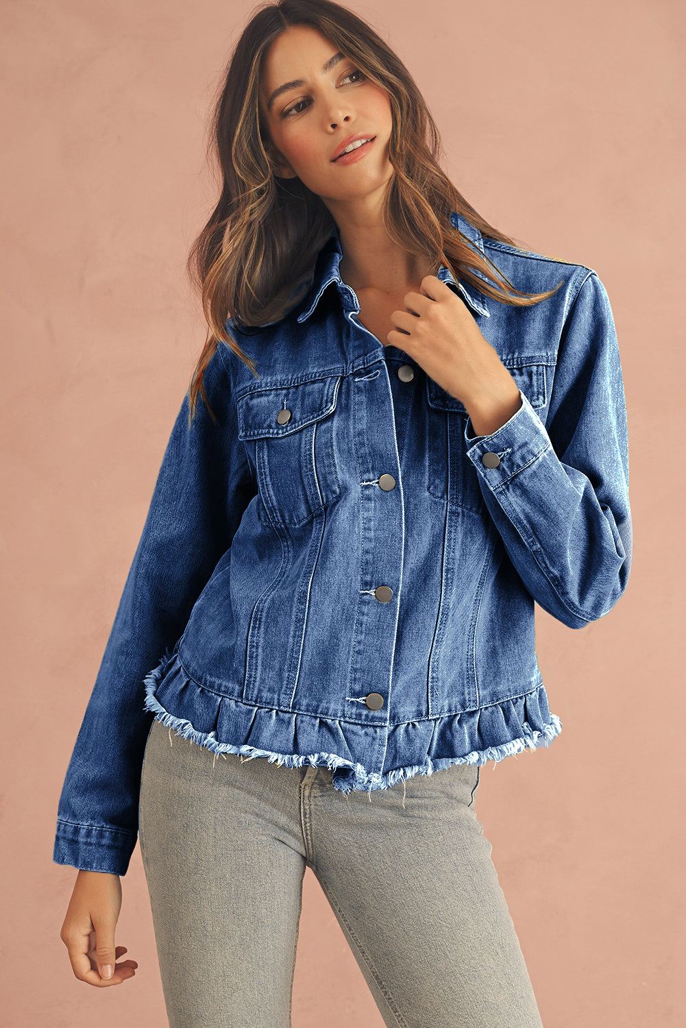 Beau Blue Ruffle Raw Hem Flap Pockets Denim Jacket