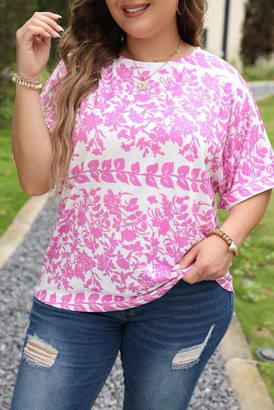 White Floral Print Rounded Hem Plus Size T Shirt