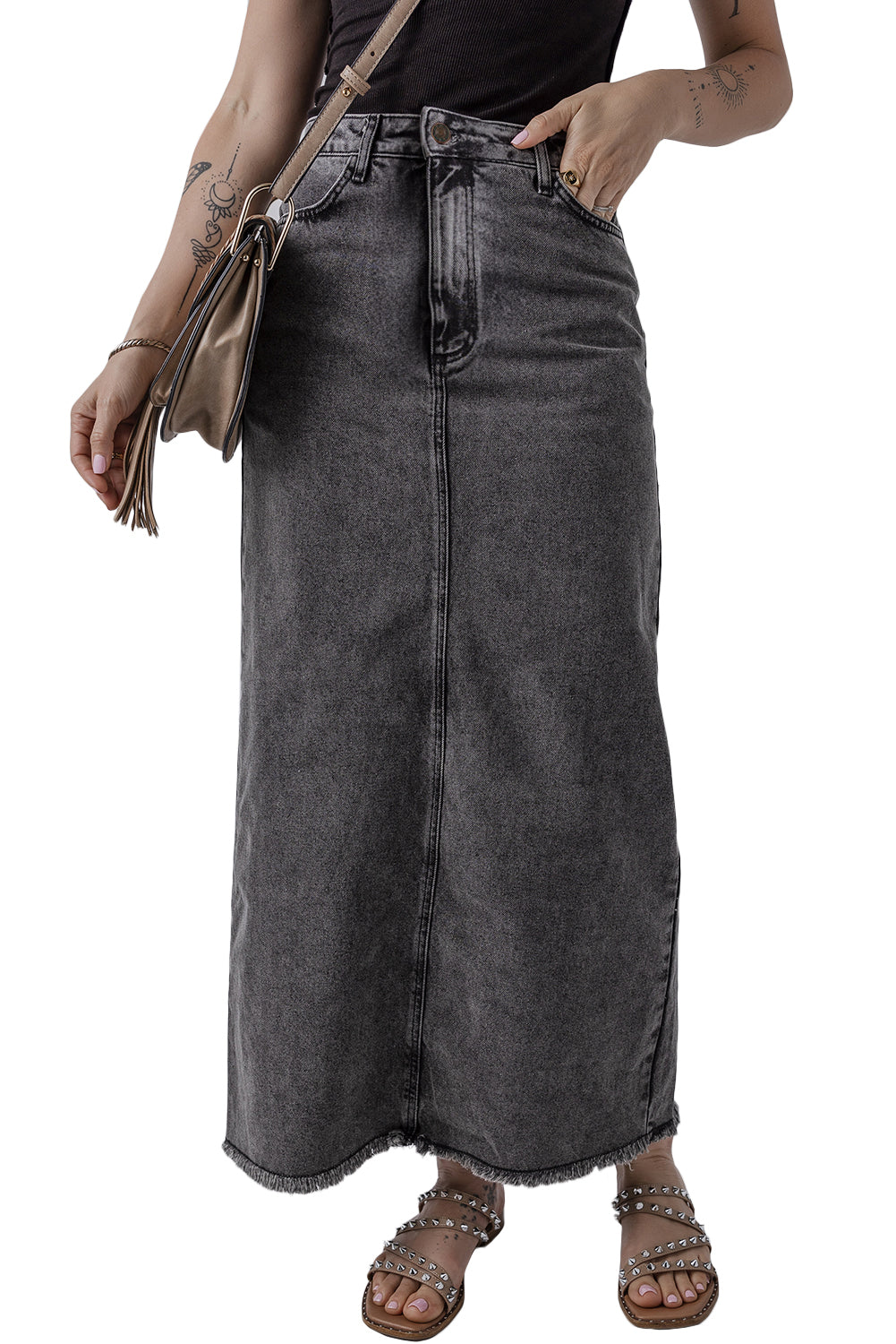 Dark Grey Denim Raw Hem Back Split High Waist Long Skirt