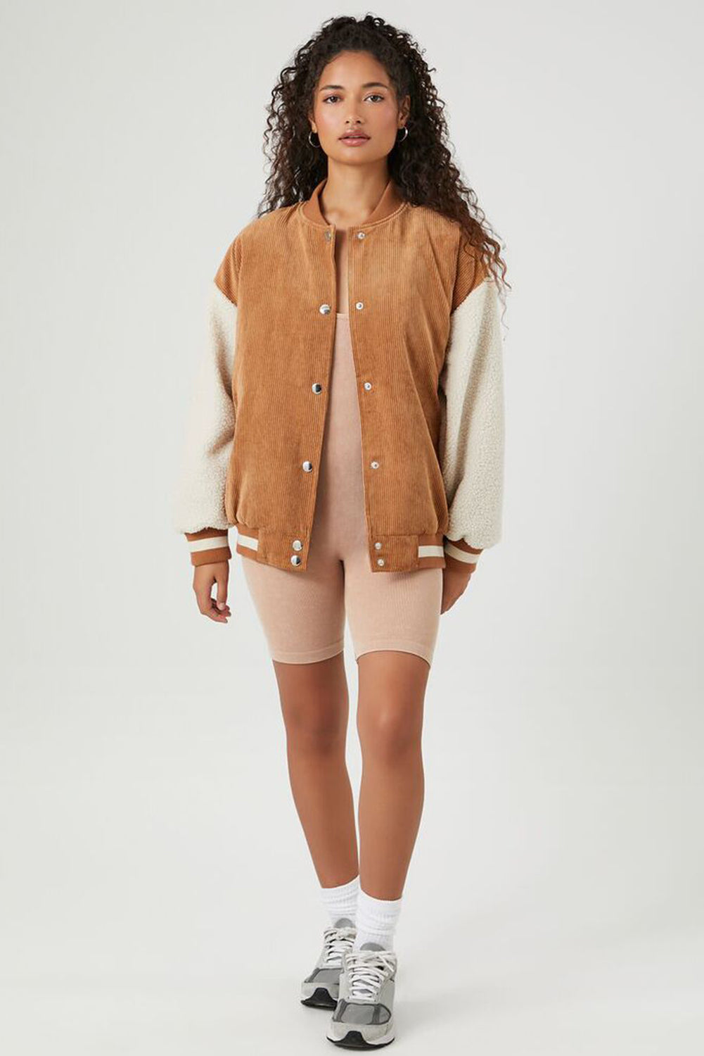 Buckskin Corduroy Fleece Patchwork Buttoned Bomber Coat