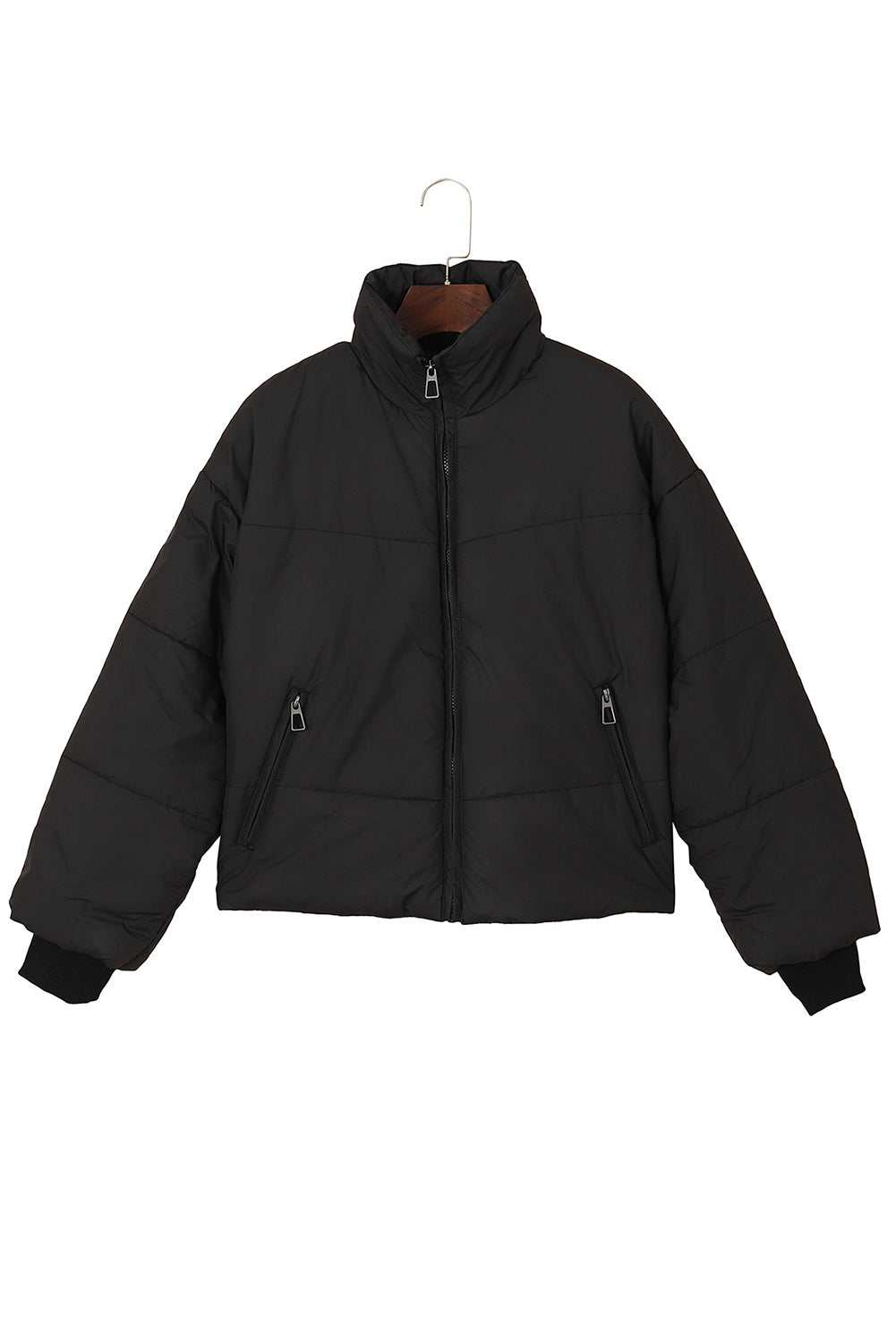 Black Solid Zip Up Pocketed Puffer Coat