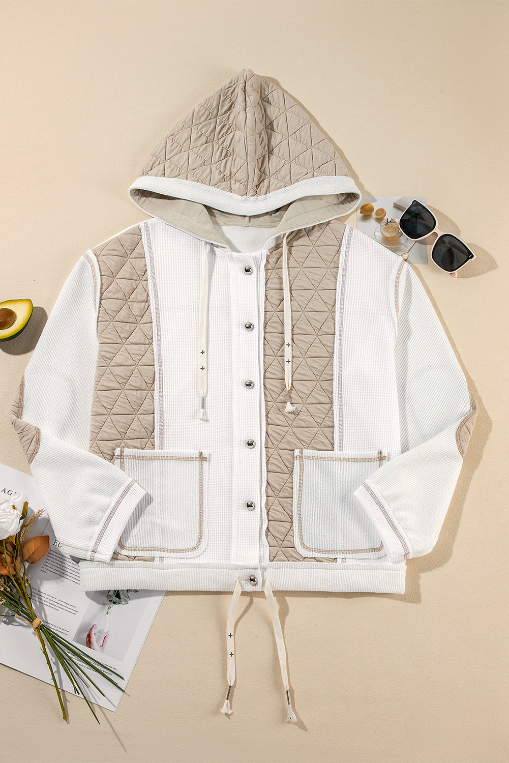 Coral Quilted Textured Patchwork Hooded Jacket