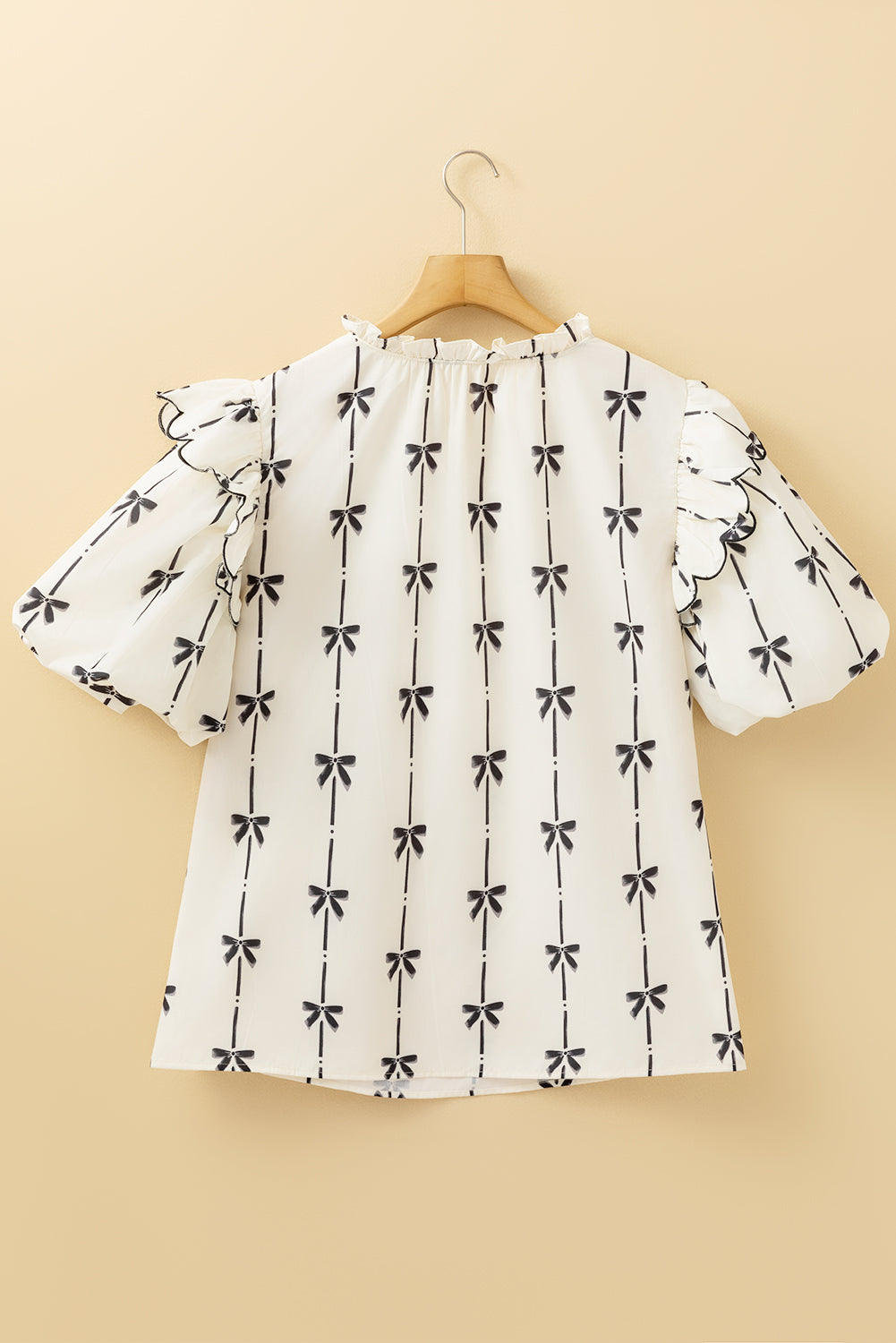 Apricot Bow Printed Ruffled Bubble Sleeve Lace-up Notched Neck Plus Size Blouse