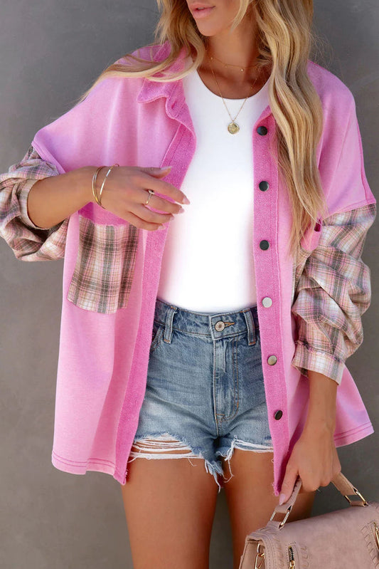 Rose Plaid Patchwork Chest Pockets Oversized Shirt Shacket