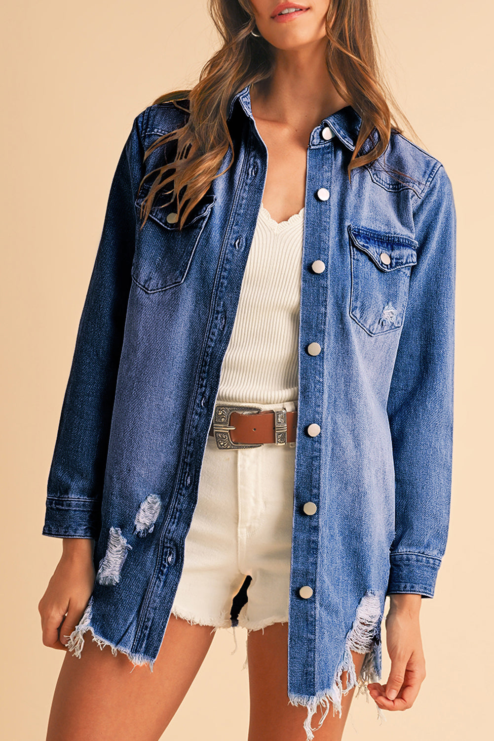 Beau Blue Light Wash Distressed Frayed Long Denim Jacket