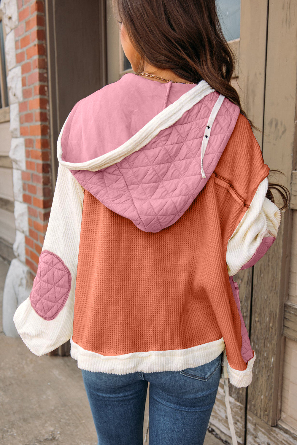 Coral Quilted Textured Patchwork Hooded Jacket