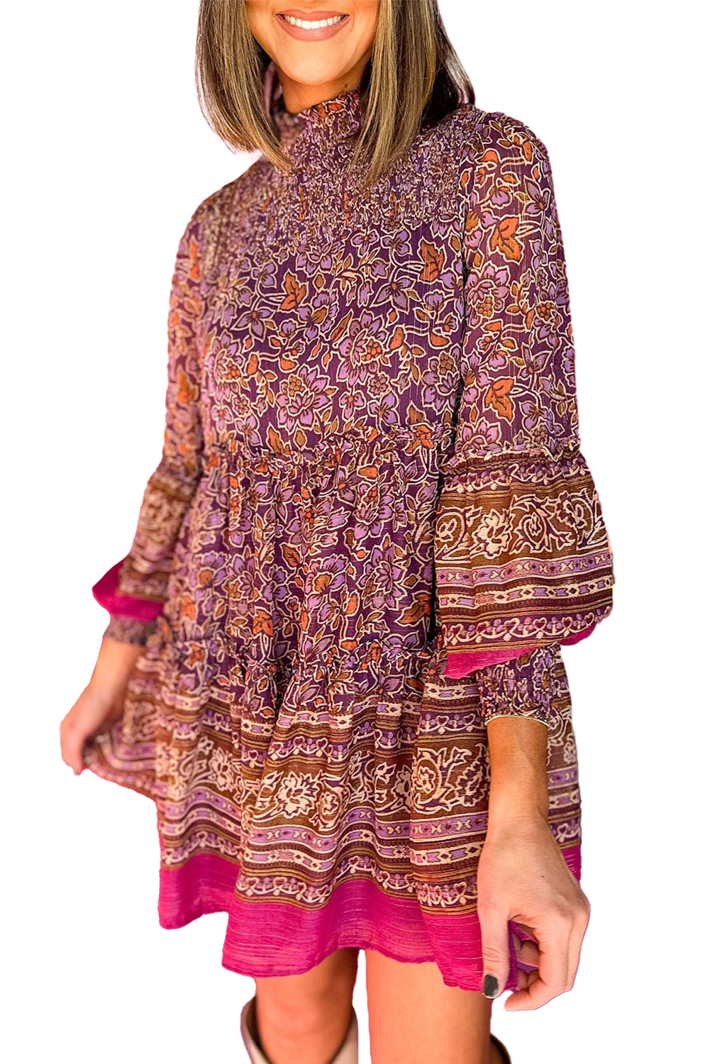 Purple Floral Print Smocked Puff Sleeve High Neck Mini Dress