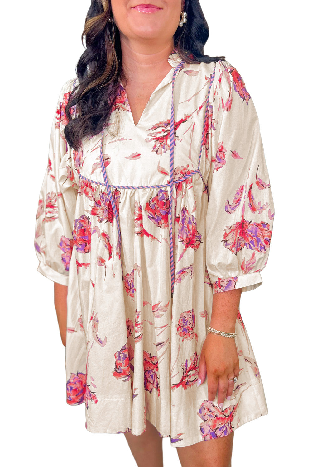 White Floral Print Balloon Sleeve Tie Neck Plus Size Mini Dress