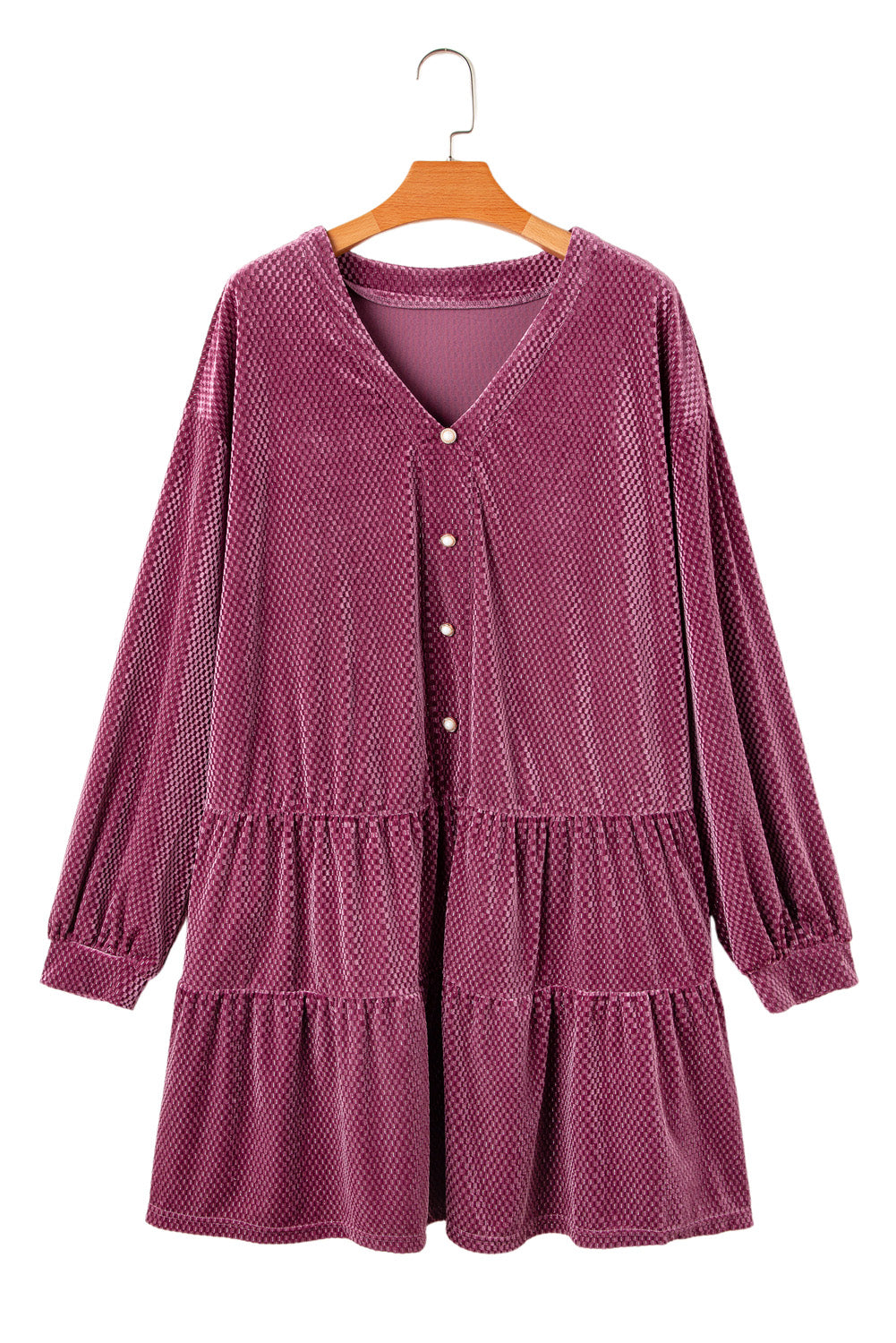 Meadow Mauve Textured Velvet Buttons Tiered Plus Size Dress