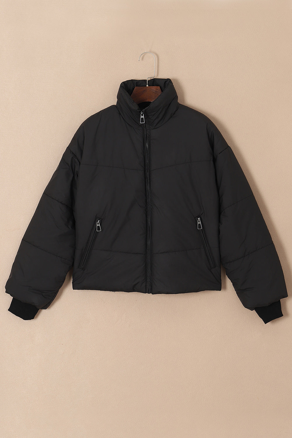 Black Solid Zip Up Pocketed Puffer Coat